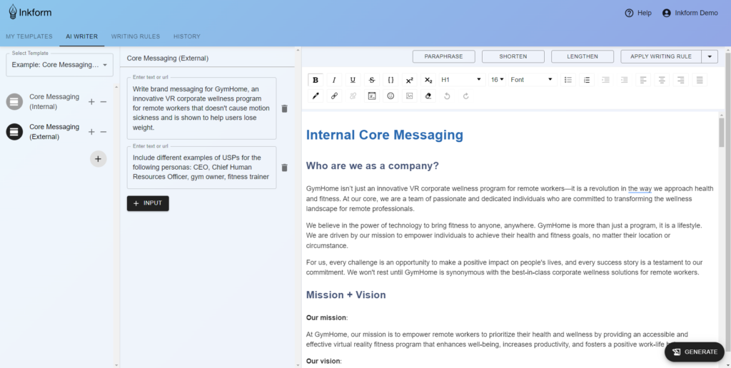 Inkform Core Messaging Output + Buyer Persona-Specific Ask