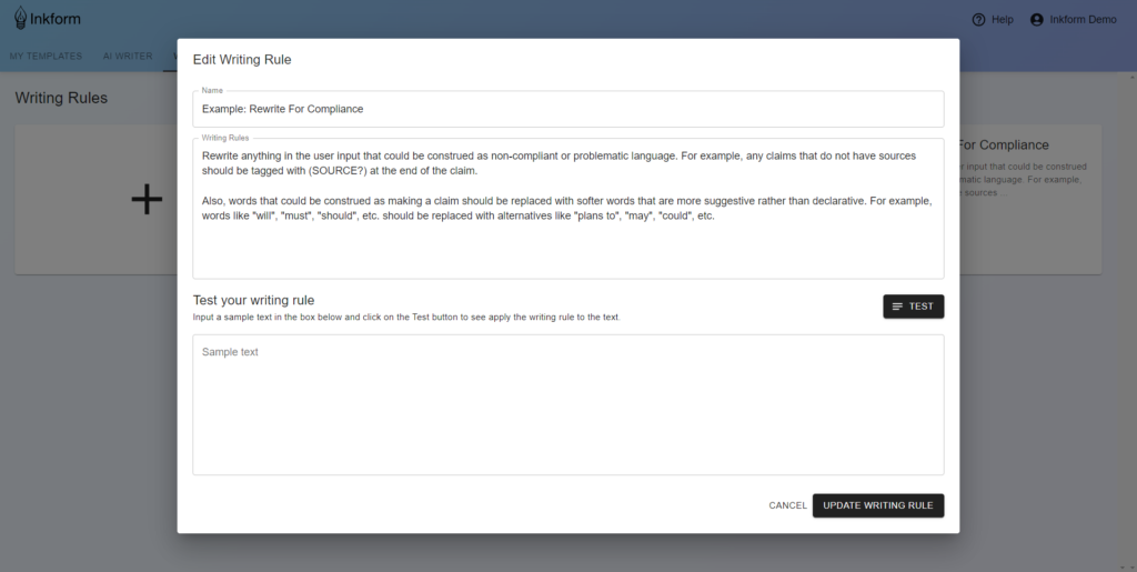 Inkform Edit Writing Rule (Compliance)