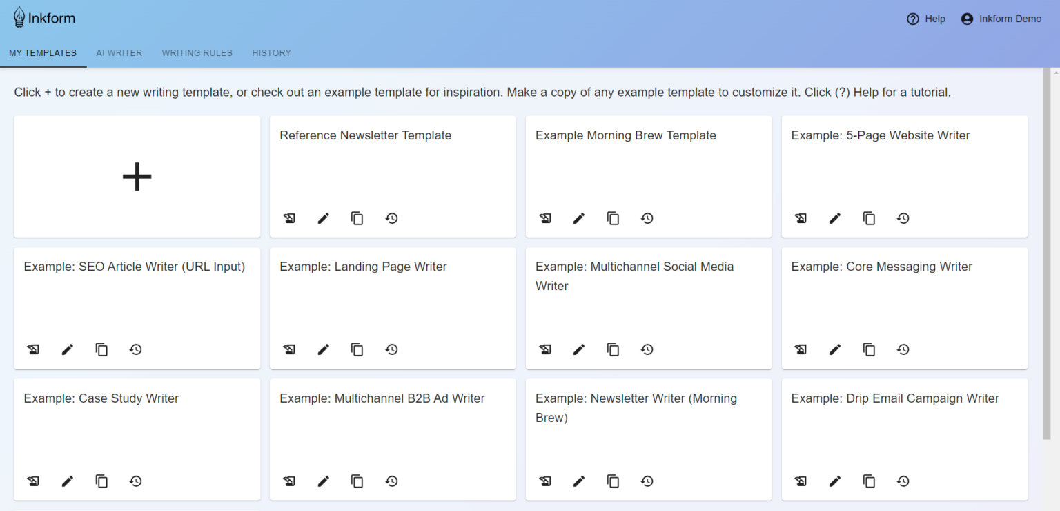 Inkform My Templates tab + Example Templates