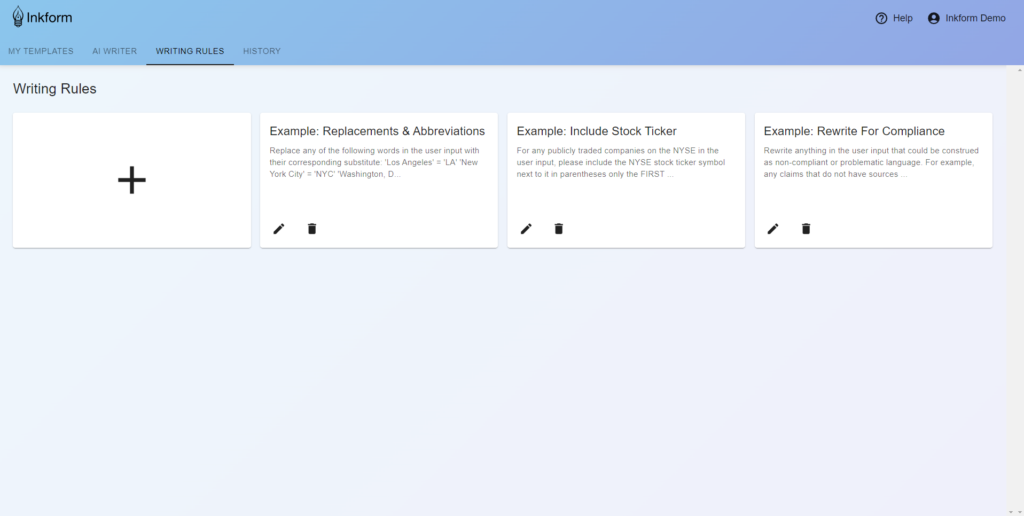 Inkform Writing Rules Selection